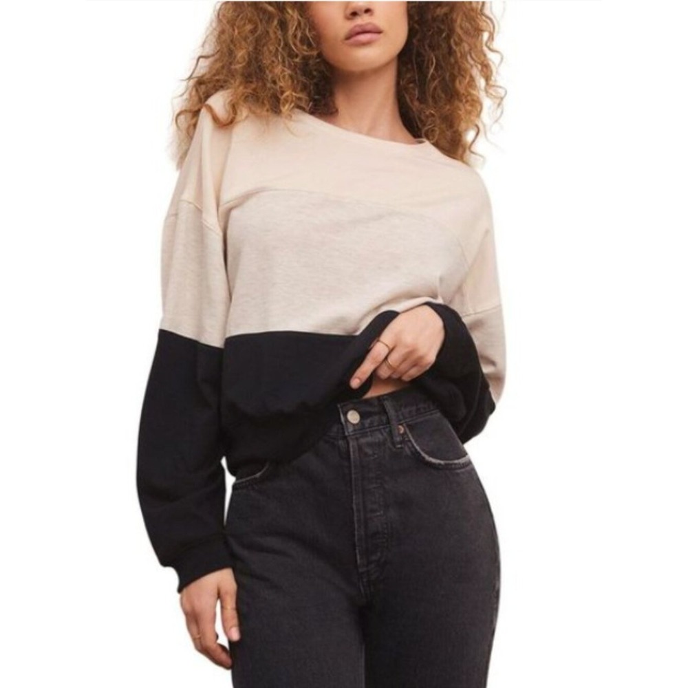 Z Supply Women's Color Block Modal Sweatshirt Size‎ Small Cream Tan Black Cozy